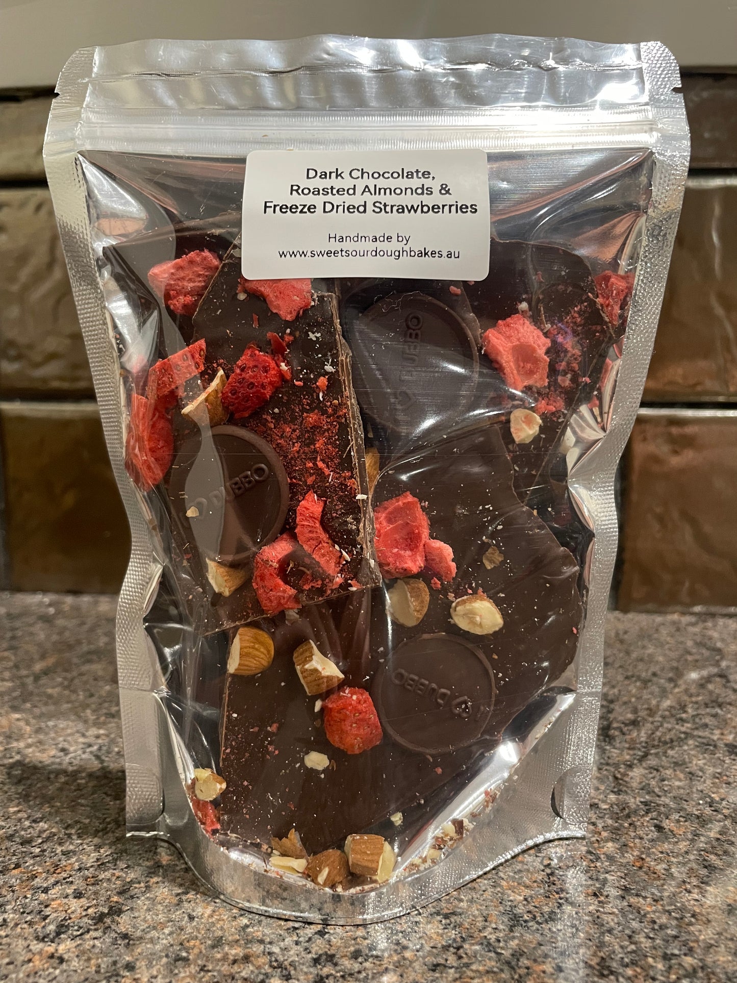 Freeze Dried Strawberry & Roasted Almond Dark Chocolate Bark (small bag)